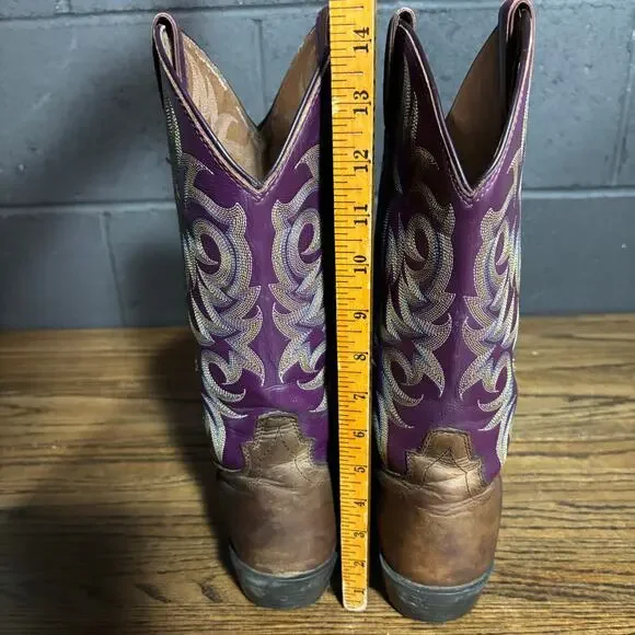 Justin Stampede Purple Shaft Western Boots 9.5D Brown Leather Cowboy Square Toe - Picture 4 of 8